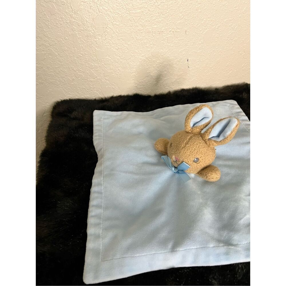 Brown Bunny‎ lovey square blue plush and satin baby security blanke